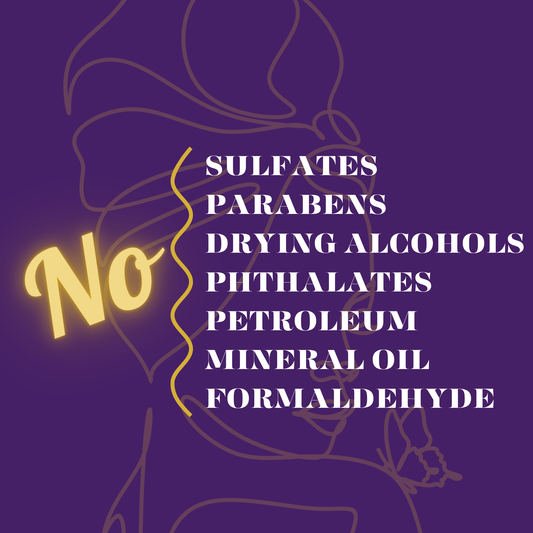 Infographic showing harmful ingredients avoided in CoilyGurls products - no sulfates, parabens, drying alcohols