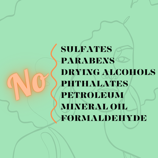 Infographic showing harmful ingredients avoided in CoilyGurls products - no sulfates, parabens, drying alcohols
