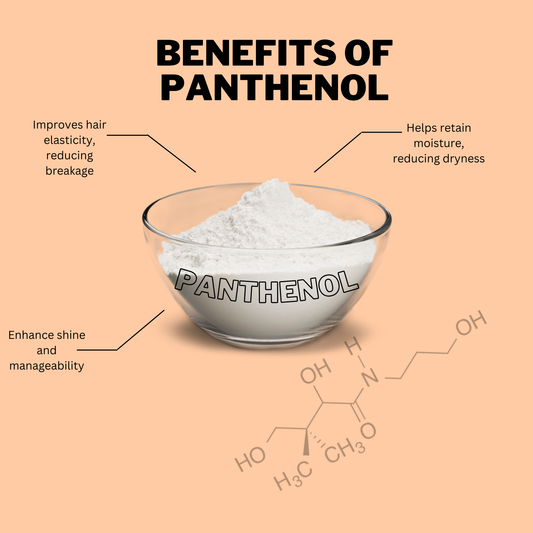 Benefits of panthenol ingredient infographic showing hair elasticity, moisture retention, shine and manageability for natural hair