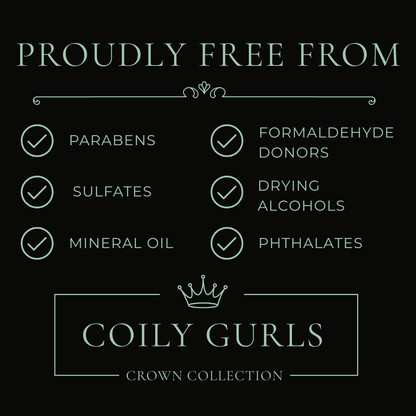 Product label for Coily Gurls Crown Collection, highlighting ingredients it is free from.