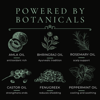 Illustrations of various oils with their names and benefits on a black background.
