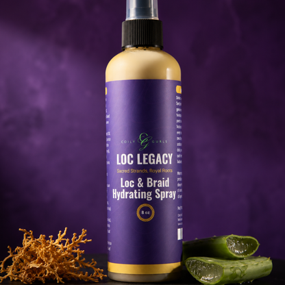 Loc Legacy Loc & Braid Hydrating Spray bottle with aloe vera leaves on a purple background