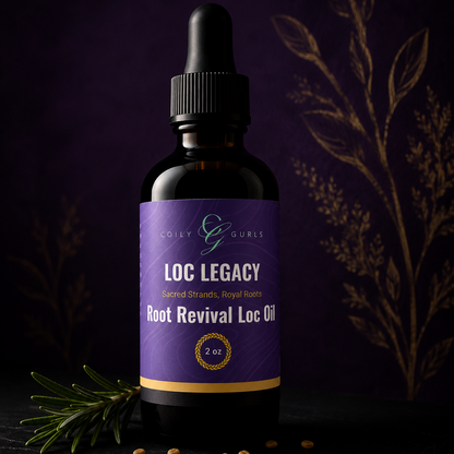 Bottle of Loc Legacy Root Revival Loc Oil with a purple label on a dark background