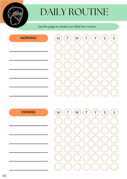 Daily routine planner for hair care with morning and evening sections and days of the week labels.