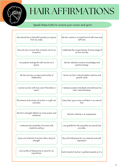 Sheet of hair affirmations with text on a green background