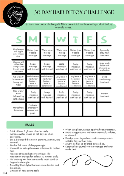 30 Day Hair Detox Challenge schedule with daily hair care routines and rules.