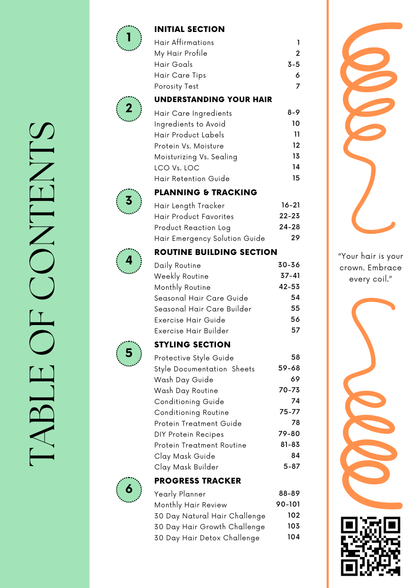 Table of contents for a hair care guide with a green and orange design.