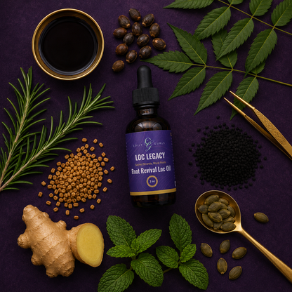 LOC Legacy bottle surrounded by ingredients on a purple background