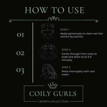 Instructions on how to use a product with illustrations and text, branded as Coily Gurls.