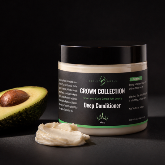 Crown Collection Deep Conditioner jar with an avocado and product on a dark background