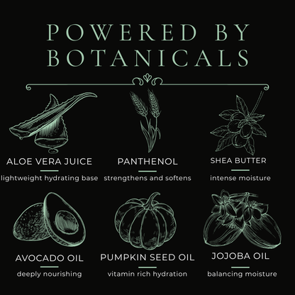 Illustrations of botanical ingredients with their benefits on a black background, featuring the text 'Powered by Botanicals'.