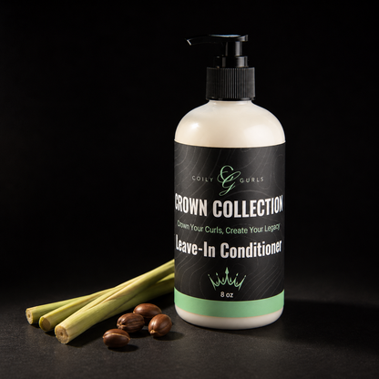 Bottle of Crown Collection Leave-In Conditioner with ingredients on a black background