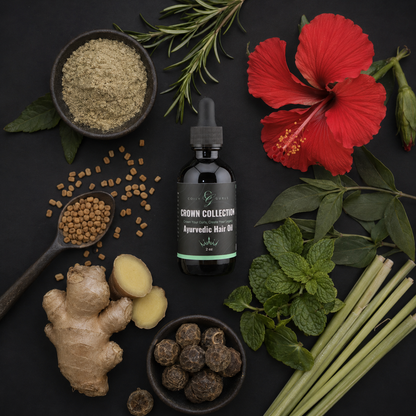 Herbal ingredients and a bottle of 'Crown Collection' product on a dark surface with a red flower.